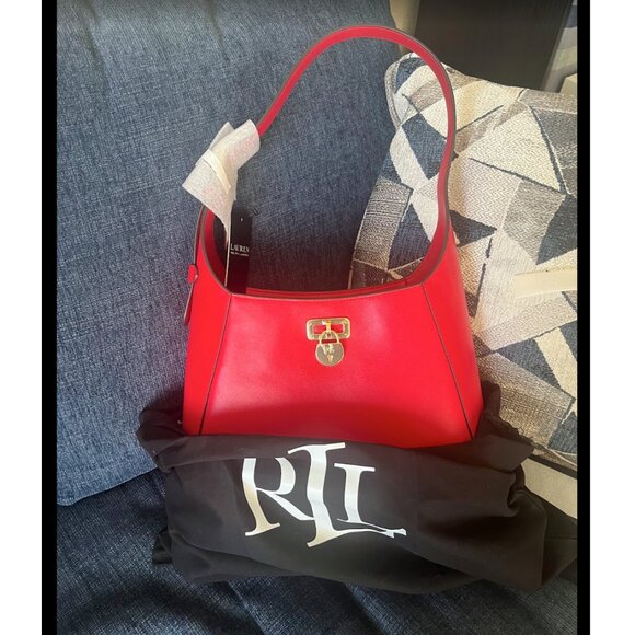 Lauren Ralph Lauren Red Tanner Large Leather Padlock Shoulder Bag - Picture 5 of 7